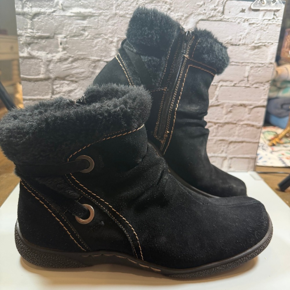 BareTraps Leanna Ankle Boots Womens 10 Black Leather Faux Fur Trim Winter Ruched